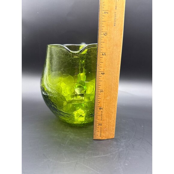 Vtg Blenko Green Crackle Glass Hand Blown Squat Pitcher Applied Handle And Spout - Picture 8 of 9